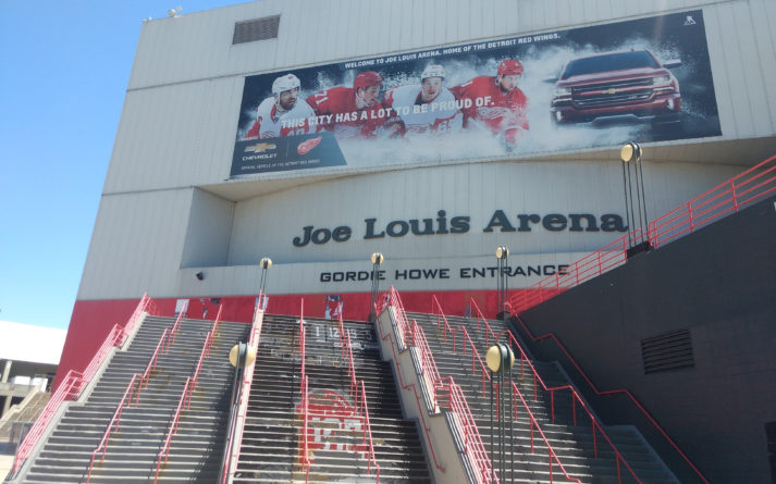 Exterior demolition progress on Joe Louis Arena visible in