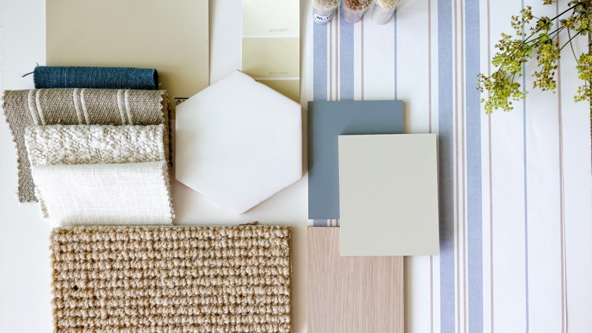 Dusty blue furniture board, sample board and mood board as an in 4 Design Tips for Aging in Place in Your Forever Home